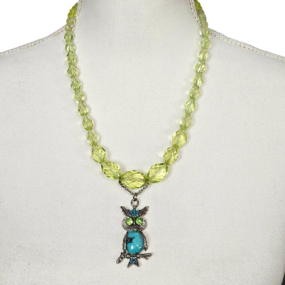 🏆Vintage Yellow Transparent Acrylic Owl Faux Turquoise Silver Pendent Necklace